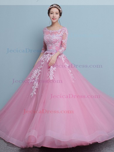 Ball Gown Scoop Neck Tulle with Appliques Lace Floor-length Pretty 3/4 Sleeve Prom Dresses #JCD020103100
