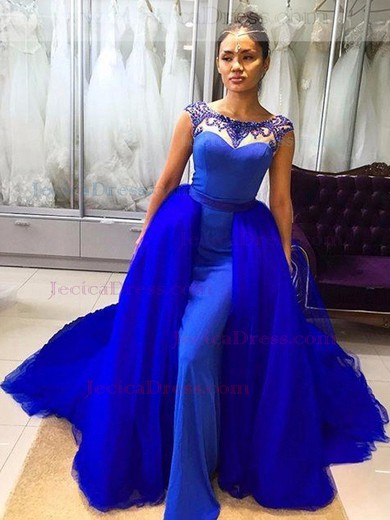 Modern Ball Gown Scoop Neck Royal Blue Tulle Silk-like Satin with Beading Detachable Prom Dresses #JCD020103101