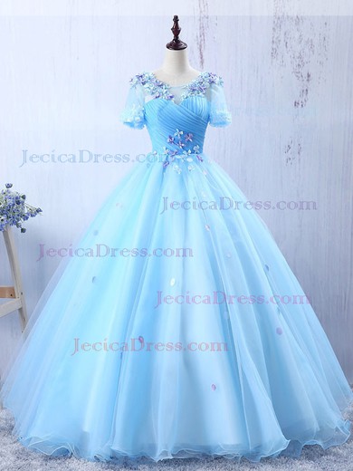 Ball Gown Scoop Neck Tulle with Flower(s) Floor-length Fabulous Short Sleeve Prom Dresses #JCD020103102