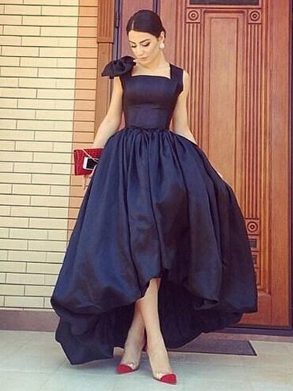 Ball Gown Square Neckline Black Satin with Bow Exclusive Asymmetrical Prom Dresses #JCD020103104