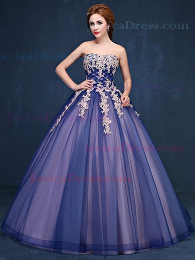 Modest Sweetheart Tulle with Appliques Lace Floor-length Lace-up Ball Gown Prom Dresses #JCD020103107