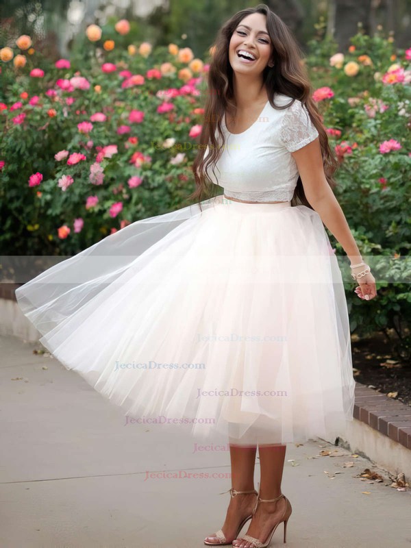 Two Piece Ball Gown Scoop Neck Lace Tulle with Ruffles Tea-length Short Sleeve Unique Prom Dresses #JCD020103108