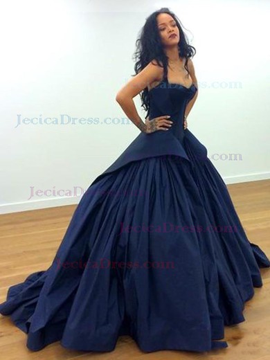 Ball Gown V-neck Dark Navy Taffeta with Ruffles Sweep Train Fashion Prom Dresses #JCD020103110