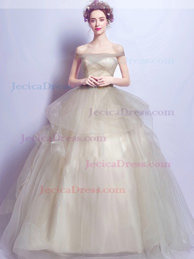 Affordable Ball Gown Tulle Tiered Floor-length Lace-up Off-the-shoulder Prom Dresses #JCD020103111