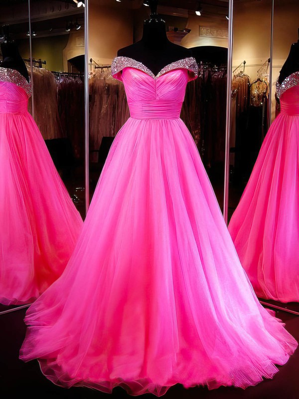 Amazing Ball Gown Tulle with Crystal Detailing Sweep Train Off-the-shoulder Prom Dresses #JCD020103112