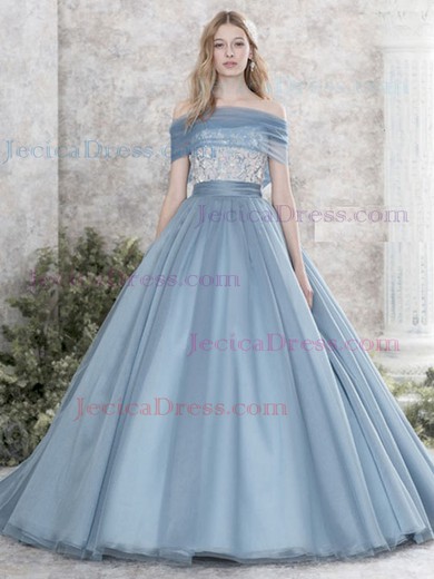 Online Ball Gown Tulle with Appliques Lace Sweep Train Off-the-shoulder Prom Dresses #JCD020103113