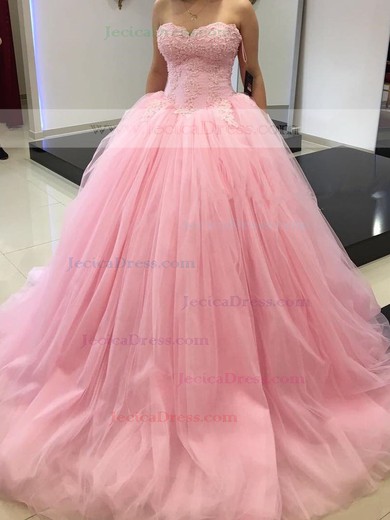 Ball Gown Sweetheart Pink Tulle with Appliques Lace Sweep Train Boutique Prom Dresses #JCD020103114