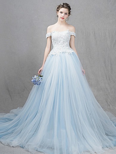 Fashion Tulle with Appliques Lace Court Train Ball Gown Off-the-shoulder Prom Dresses #JCD020103115