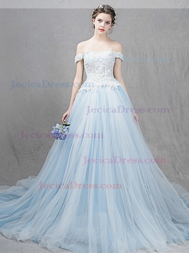 Fashion Tulle with Appliques Lace Court Train Ball Gown Off-the-shoulder Prom Dresses #JCD020103115