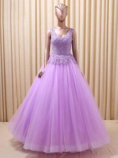 Backless Ball Gown V-neck Tulle Appliques Lace Floor-length Graceful Prom Dresses #JCD020103118