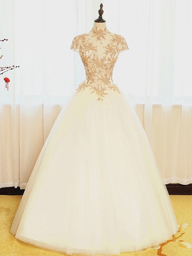 Ball Gown Tulle with Appliques Lace Floor-length Cap Straps Fashion High Neck Prom Dresses #JCD020103121