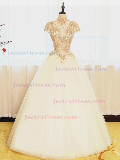 Ball Gown Tulle with Appliques Lace Floor-length Cap Straps Fashion High Neck Prom Dresses #JCD020103121