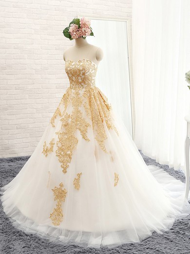 Discounted Sweetheart Tulle with Appliques Lace Sweep Train Ball Gown Prom Dresses #JCD020103122