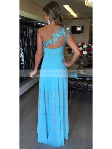 Cheap A-line Blue Chiffon with Appliques Lace Asymmetrical High Low One Shoulder Prom Dresses #JCD020103123