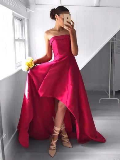 Affordable Asymmetrical A-line Satin with Ruffles High Low Strapless Prom Dresses #JCD020103124
