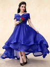 Asymmetrical Princess Royal Blue Organza with Ruffles Inexpensive High Low Off-the-shoulder Prom Dresses #JCD020103125