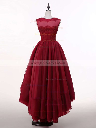 Wholesale Asymmetrical Ball Gown Scoop Neck Burgundy Organza Tulle with Lace High Low Prom Dresses #JCD020103126