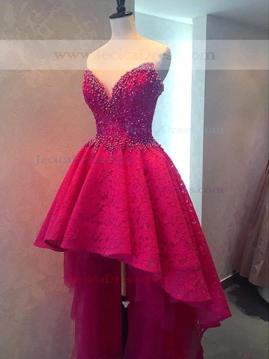 Discounted Asymmetrical V-neck Lace with Beading High Low Princess Prom Dresses #JCD020103128