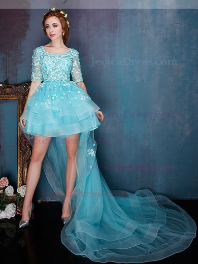 Girls Asymmetrical Ball Gown Scoop Neck Blue Tulle Appliques Lace High Low 1/2 Sleeve Prom Dresses #JCD020103131