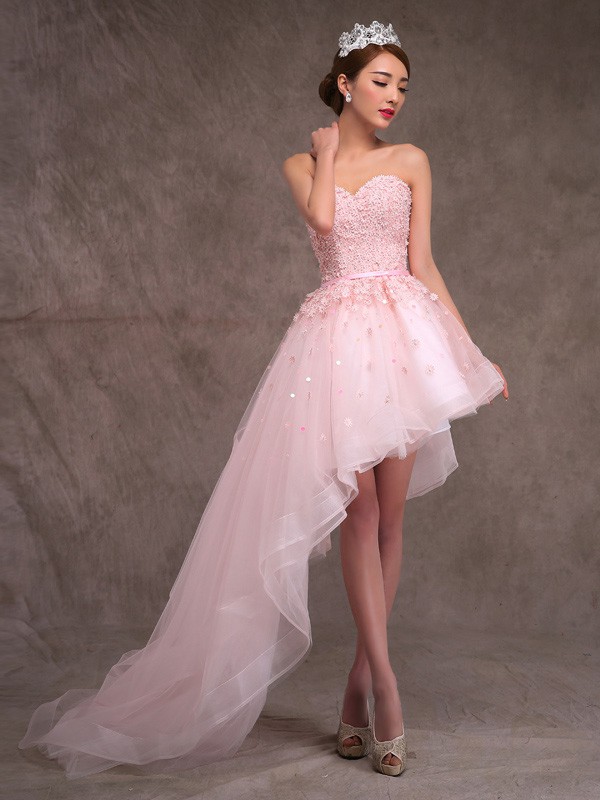 Ball Gown Sweetheart Tulle with Appliques Lace Asymmetrical Pretty High Low Pink Prom Dresses #JCD020103132
