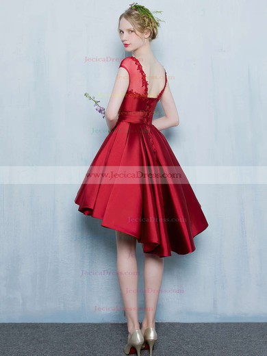 Asymmetrical Princess Scoop Neck Satin Tulle Appliques Lace Cap Straps Prettiest High Low Prom Dresses #JCD020103133