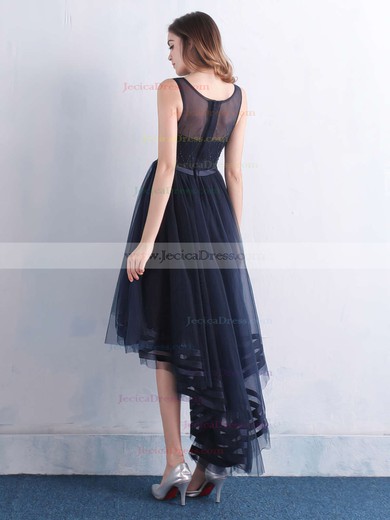 Ladies Asymmetrical A-line Scoop Neck Tulle with Beading High Low Dark Navy Prom Dresses #JCD020103134