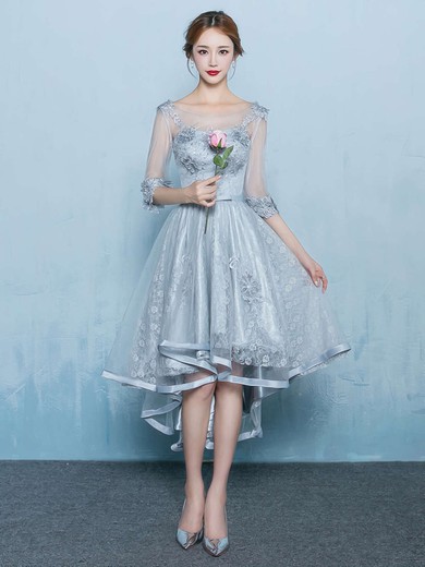 A-line Scoop Neck Lace Tulle Appliques Lace Asymmetrical Beautiful High Low 1/2 Sleeve Prom Dresses #JCD020103135