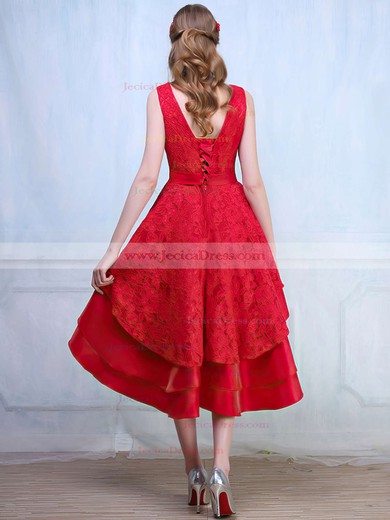 Asymmetrical A-line Scoop Neck Red Lace Silk-like Satin Sashes / Ribbons Fabulous High Low Prom Dresses #JCD020103136