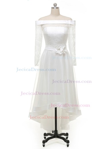 Original Asymmetrical A-line Off-the-shoulder Organza Lace Sashes / Ribbons High Low Long Sleeve Prom Dresses #JCD020103137