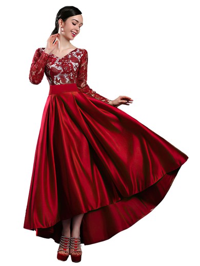 A-line V-neck Burgundy Lace Satin Ruffles Asymmetrical Perfect High Low Long Sleeve Prom Dresses #JCD020103138