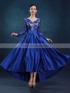 A-line V-neck Burgundy Lace Satin Ruffles Asymmetrical Perfect High Low Long Sleeve Prom Dresses #JCD020103138