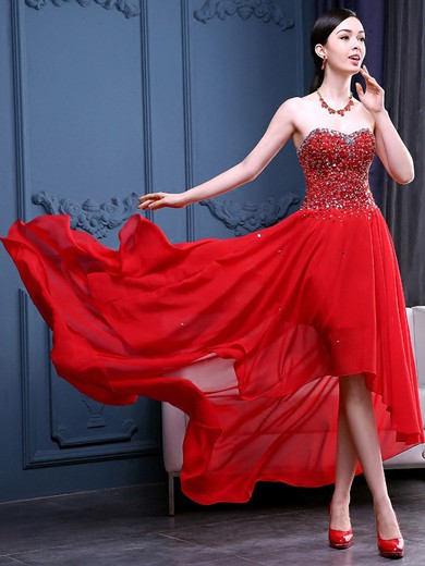 A-line Sweetheart Chiffon with Beading Asymmetrical Lace-up Famous High Low Red Prom Dresses #JCD020103139