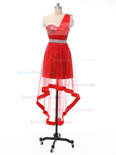 Custom Asymmetrical A-line Red Tulle Sequined with Beading High Low One Shoulder Prom Dresses #JCD020103140