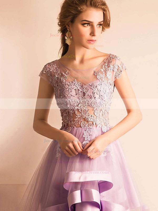 Glamorous Asymmetrical A-line Scoop Neck Tulle with Appliques Lace Cap Straps High Low Prom Dresses #JCD020103141