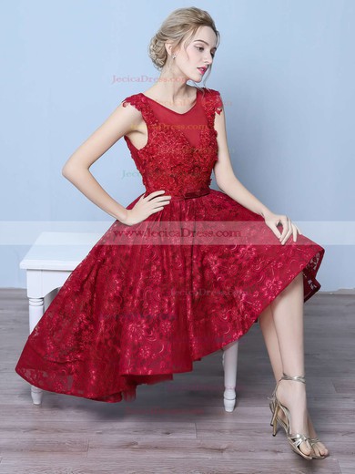 Classy Asymmetrical Princess Scoop Neck Lace Tulle Appliques Lace High Low Burgundy Prom Dresses #JCD020103143