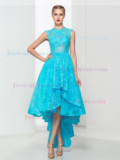 Asymmetrical A-line Scoop Neck Blue Lace with Appliques Lace New High Low Prom Dresses #JCD020103144