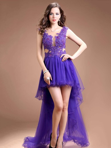 Fashion Asymmetrical A-line Scoop Neck Tulle with Sequins High Low Open Back Prom Dresses #JCD020103151