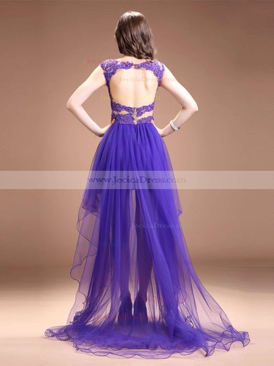 Fashion Asymmetrical A-line Scoop Neck Tulle with Sequins High Low Open Back Prom Dresses #JCD020103151