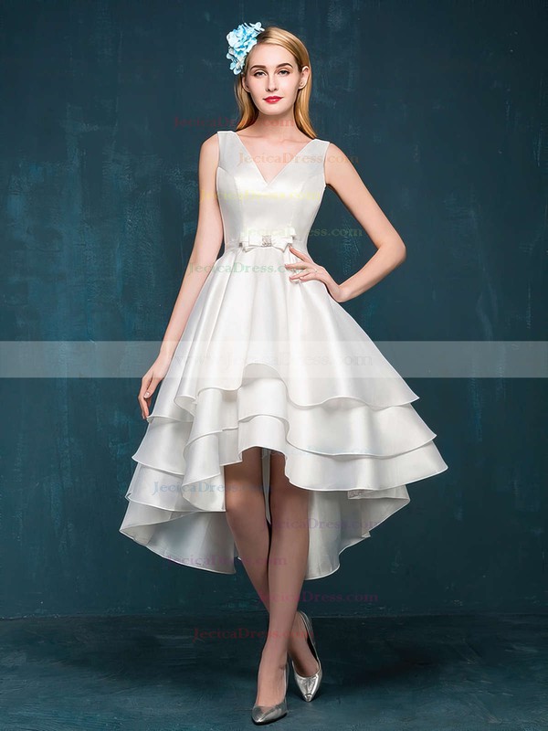 Asymmetrical Princess V-neck Satin Sashes / Ribbons Lace-up Trendy High Low Prom Dresses #JCD020103153
