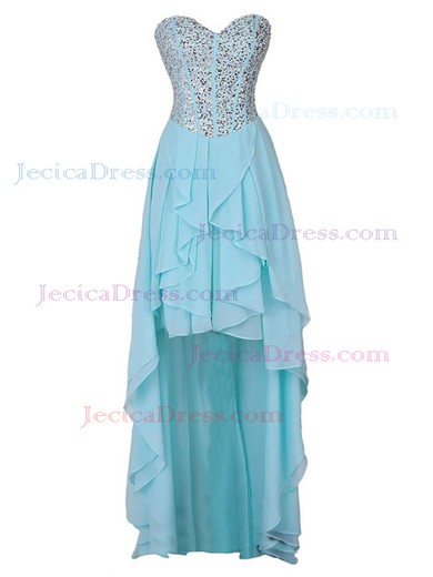 Original A-line Asymmetrical Sweetheart Chiffon with Beading High Low Blue Prom Dresses #JCD020103154