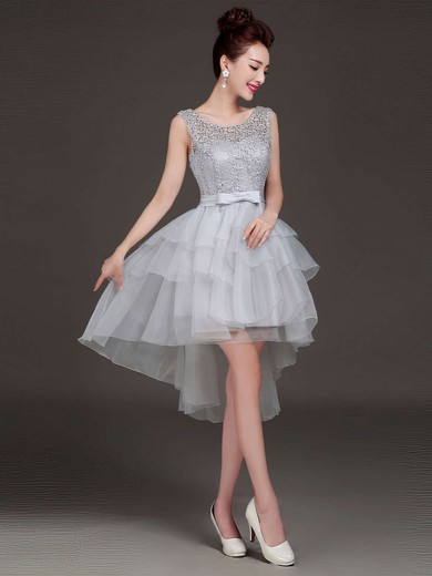 Cute Asymmetrical Princess Scoop Neck Lace Organza with Bow High Low Prom Dresses #JCD020103155
