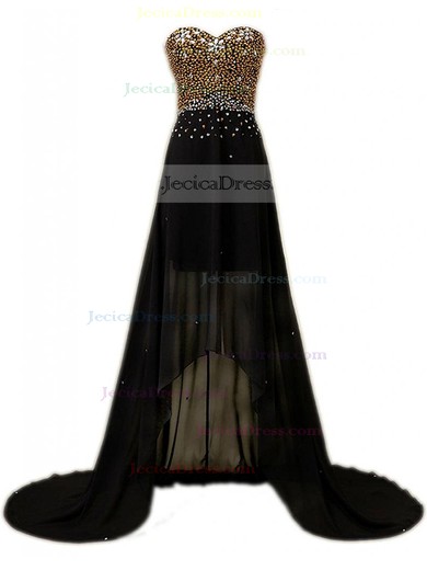 Asymmetrical A-line Sweetheart Black Chiffon with Beading Custom High Low Prom Dresses #JCD020103156