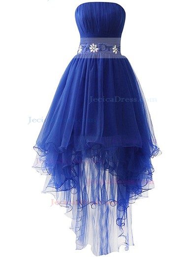 Online Asymmetrical A-line Royal Blue Tulle with Sequins High Low Strapless Prom Dresses #JCD020103158