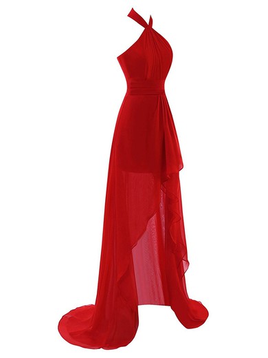 A-line Red Chiffon with Ruffles Asymmetrical Affordable High Low Halter Prom Dresses #JCD020103161