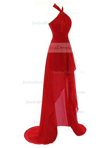 A-line Red Chiffon with Ruffles Asymmetrical Affordable High Low Halter Prom Dresses #JCD020103161