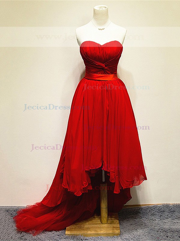 A-line Sweetheart Chiffon Sashes / Ribbons Asymmetrical Promotion High Low Red Prom Dresses #JCD020103164
