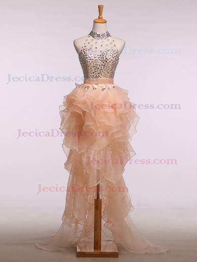 Sheath/Column High Neck Organza Tulle Beading Asymmetrical Fashion High Low Open Back Prom Dresses #JCD020103167