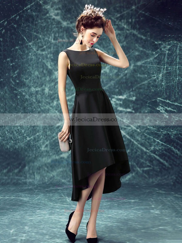 Simple Asymmetrical A-line Scoop Neck Satin with Ruffles High Low Black Prom Dresses #JCD020103168