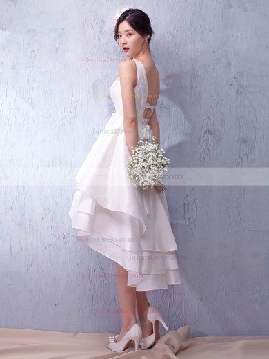 Classic Asymmetrical Princess Scoop Neck Satin Sashes / Ribbons Backless High Low Prom Dresses #JCD020103169