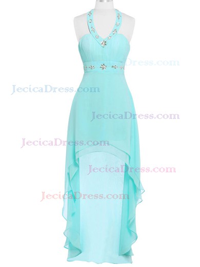 Custom Asymmetrical Empire Halter Chiffon with Beading High Low Backless Prom Dresses #JCD020103174